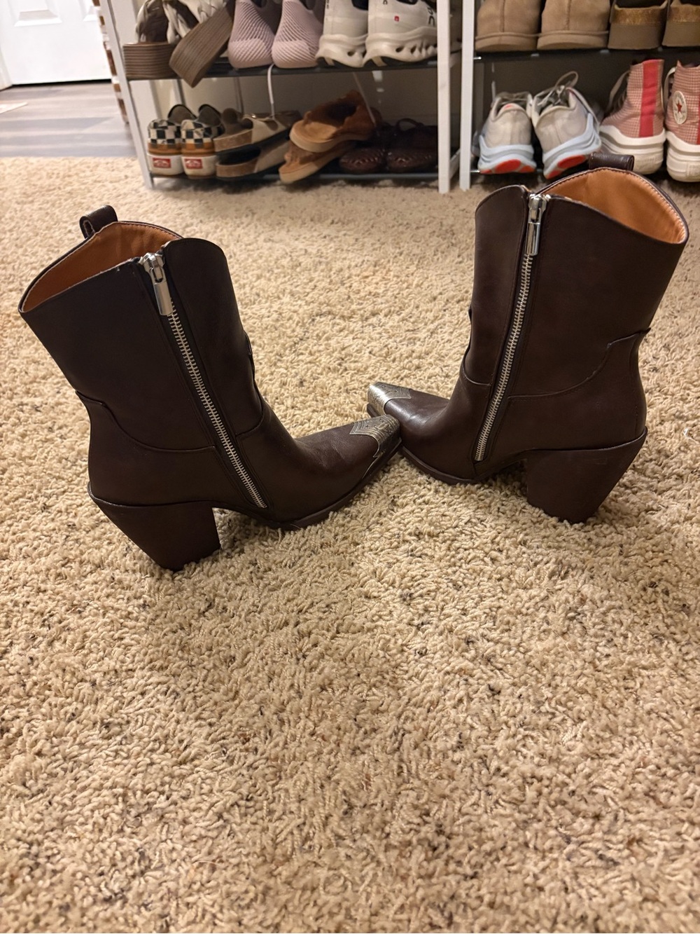 Chestnut Brown Western-Inspired Ankle Booties with Metal Toe Accent - Picture 3 of 4
